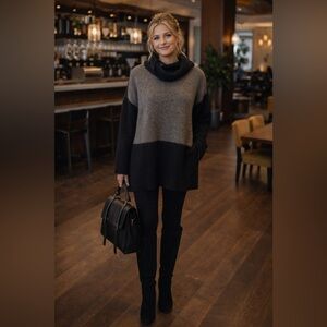 Eileen Fisher Two-Tone Black and Gray Cowl Neck Sweater EUC